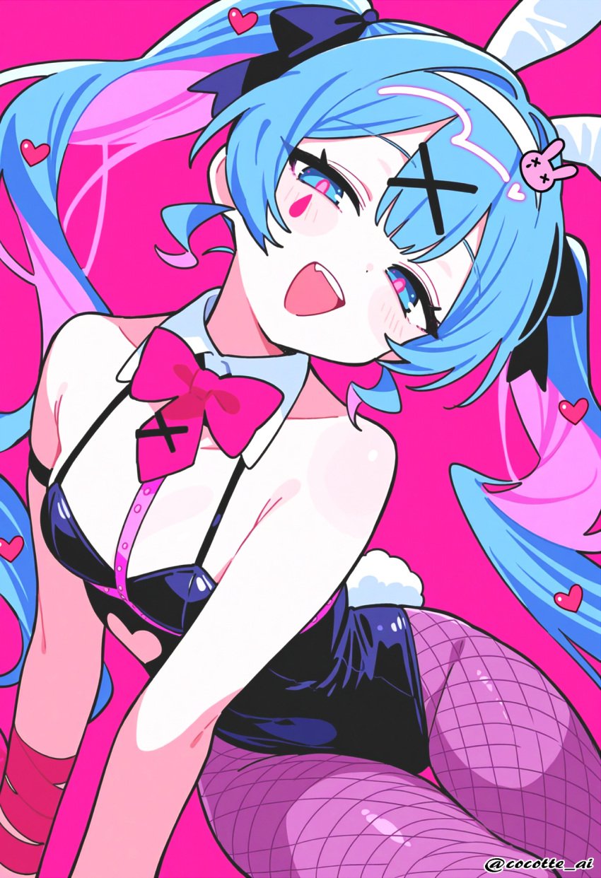 blue_eyes blue_hair bunny_ears bunny_girl bunny_tail bunnysuit hatsune_miku heart long_hair pink_eyes pink_hair rabbit_hole_(deco*27/caststation) rabbit_hole_(vocaloid) ribbon twintails vocaloid