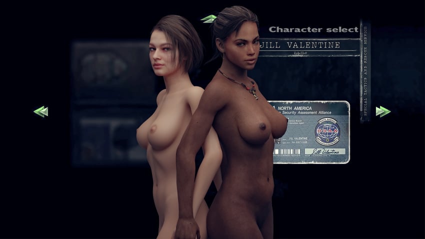 2girls 3d 3d_(artwork) 4k absurdres akikosdream areolae blender breasts capcom casual casual_nudity character_select dark-skinned_female dark_skin female female_only highres human jill_valentine jill_valentine_(sasha_zotova) necklace nipples nude resident_evil resident_evil_3 resident_evil_3_remake resident_evil_5 sheva_alomar