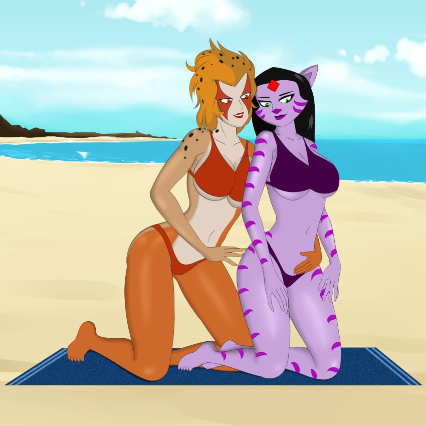 2girls anoneysnufftan anthro applying_sunscreen beach beach_towel bikini black_hair cheetara crossover edasbild feline female female_only furry furry_only green_eyes massage neyla ocean orange_body purple_body rubbing sand seaside sky sly_cooper_(series) summer sunbathing swimsuit thundercats tiger towel yellow_hair