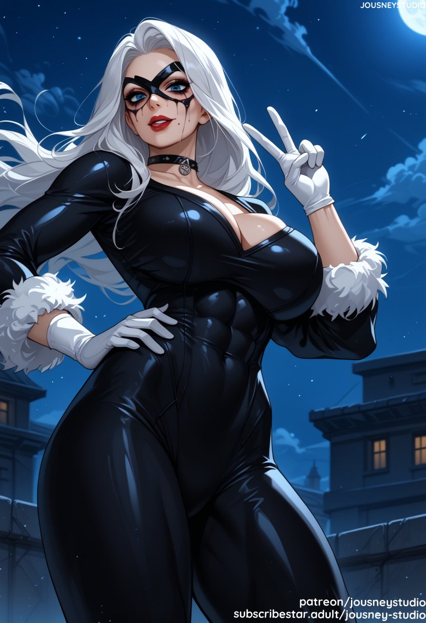 abs ai_generated bangs black_bodysuit black_cat_(marvel) black_choker blue_eyes blush bodysuit breasts building choker city cityscape cleavage clothing cloud covered_abs covered_navel cowboy_shot curvaceous domino_mask felicia_hardy female female female_only full_moon fur-trimmed_sleeves fur_trim gloves hand_on_hip jousneystudio large_breasts lips lipstick long_hair long_sleeves looking_at_viewer makeup marvel marvel_comics mask mole mole_under_mouth moon muscle navel night night_sky outdoors parted_lips red_lips shiny skin_tight sky smile solo standing star_(sky) starry_sky superhero superheroine thick_thighs thighs v white_gloves white_hair wide_hips