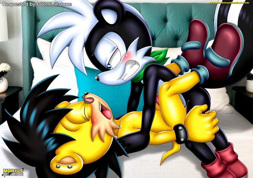 2boys anal anal_penetration anal_sex anthro ash_mongoose ass balls bbmbbf bed blush closed_eyes gay geoffrey_st_john male male/male male_only mobian_(species) mobius_unleashed open_mouth palcomix penis pillow sega sex sonic_(series) sonic_the_hedgehog_(series) teeth tongue yaoi