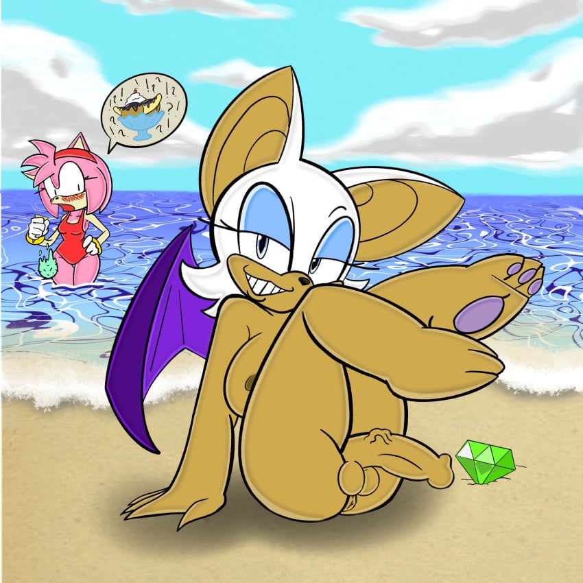 2girls amy_rose anthro anus balls banana barefoot bat beach big_breasts big_penis blush bracelet chaos_emerald female furry futanari gloves grin gynomorph hedgehog hindpaw ice_cream ice_cream_sundae legs_up nonecorpse nude_futanari ocean partially_submerged penis posing rouge_the_bat sega shocked sitting smug_face sonic_(series) sonic_the_hedgehog_(series) swimsuit