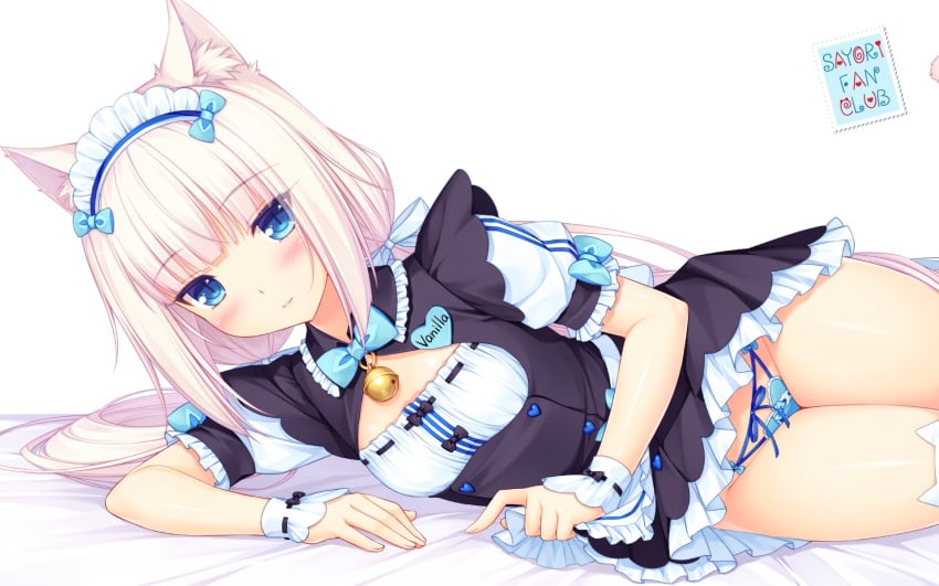 1girls animal_ears bed blonde_hair blue_eyes blush cat_ears female female_only hair_ornament hair_ribbon kemonomimi lingerie long_hair looking_at_viewer low_twintails lying lying_on_side maid maid_headdress nekomimi nekopara panties sayori simple_background skirt_lift small_breasts smile solo thighhighs twintails underwear vanilla_(sayori) white_background