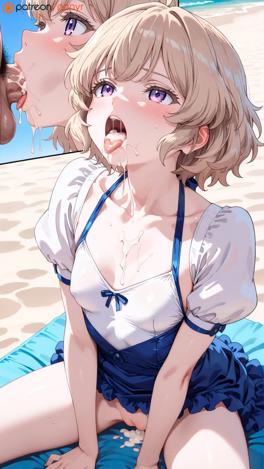 1girls after_rape after_vaginal ai_generated beach blonde_female blonde_hair blowjob blowjob_face cum cum_in_mouth cum_in_pussy cum_inside cum_on_body cum_on_breasts cum_on_face dress dress_swimsuit female iwanaga_kotoko kyokou_suiri multiple_views nnnyr oral perfect_body pleasure_face puffy_sleeves purple_eyes short_hair sitting sitting_on_beach sitting_on_sand slim slim_girl small_breasts spread_legs stable_diffusion sucking sucking_penis swim_dress tongue tongue_out visible_pussy wavy_hair white_swimsuit