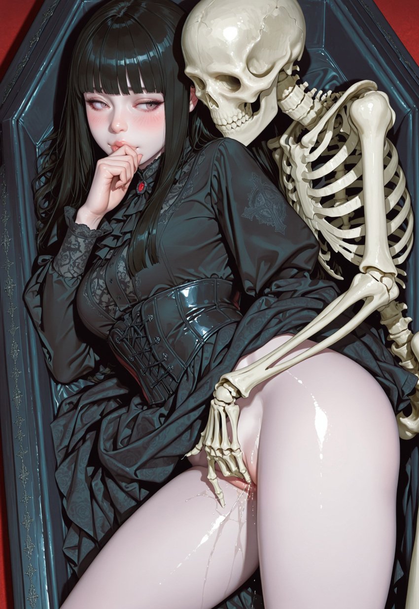 ai_generated amaranthine civitai coffin dark_hair dress female fingering_partner gothic heiress_of_the_hidden_halls hime_cut laced_corset necrophilia pale_skin rubbing_clitoris shy skeleton spoon_position spooning squirting victorian_dress