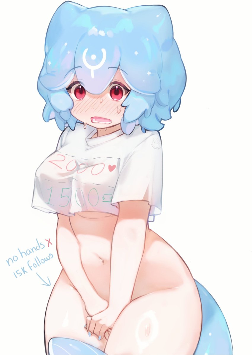 1girls bao_(vtuber) belly_button blue_hair blush breasts female female_only huge_breasts indie_virtual_youtuber light-skinned_female light_skin like_and_retweet like_icon no_bra nose_blush open_mouth pink_eyes retweet_icon shirt solo t-shirt tail virtual_youtuber whale_girl whale_tail wuwuliny