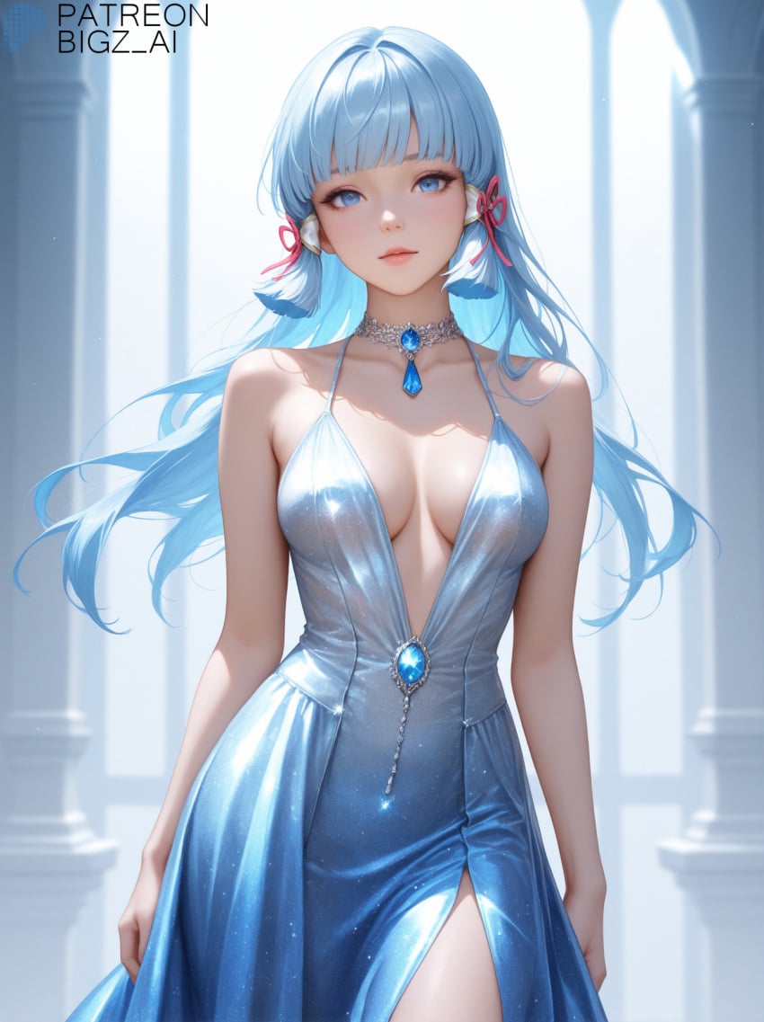 ai_generated artist_name belly big_breasts bigz_ai blue_dress blue_eyes blue_hair breasts cleavage closed_mouth dress female female female_only genshin_impact hoyoverse jewelry kamisato_ayaka lips looking_at_viewer mihoyo outdoors patreon_username standing white_hair