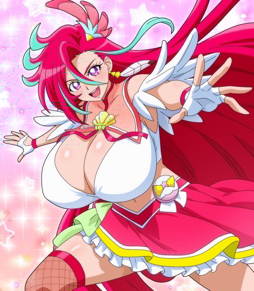 1girls belly_button big_breasts breasts cure_flamingo female female_only fishnets hitokiwa_kenchin huge_breasts light-skinned_female light_skin long_hair magical_girl precure pretty_cure red_hair solo takizawa_asuka toei_animation tropical-rouge!_precure