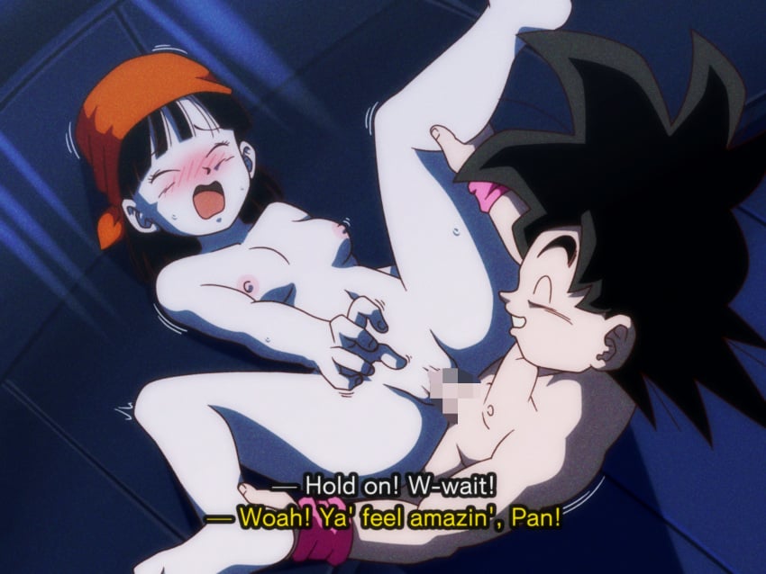 absurdres bandana black_eyes black_gloves black_hair blunt_bangs blush censored commentary commentary_request crop_top dragon_ball dragon_ball_gt embarrassed english_commentary erection female gloves grandfather_and_granddaughter happy_sex highres imminent_penetration incest non-web_source orange_bandana orange_trim pan_(dragon_ball) pants penis red_shirt sex sex_from_behind shirt son_goku vaginal_penetration wristband yellow_pants