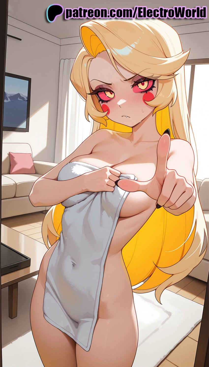 1girls 2025 ai ai_assisted ai_generated anime anime_girl anime_style artist_name average_breasts blonde_hair blush breast breasts breasts breasts bust charlie_morningstar charlie_morningstar_(hazbin_hotel) chest collarbone covering electroworld female hazbin_hotel hi_res high_quality high_resolution highres indoors long_hair looking_at_viewer medium_boobs medium_breasts mirror mole mole_under_eye normal_boobs normal_breasts nude nude_cover orange_eyes patreon patreon_username pointing pointing_at_viewer sitting solo stable_diffusion symbol-shaped_pupils towel watermark