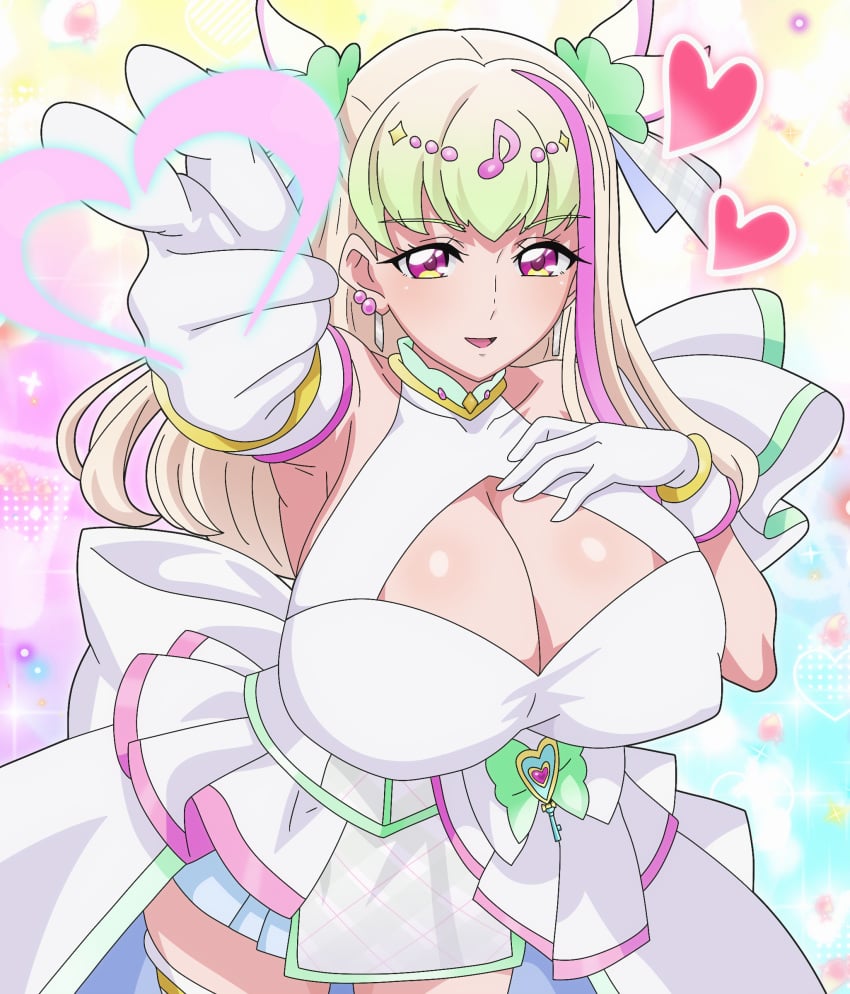1girls big_breasts breasts cure_zukyoon female female_only finger_gun green_hair hitokiwa_kenchin huge_breasts idol kimi_to_idol_precure light-skinned_female light_skin magical_girl multicolored_hair pink_eyes precure pretty_cure purirun purirun_(kimi_to_idol_precure) solo toei_animation white_hair