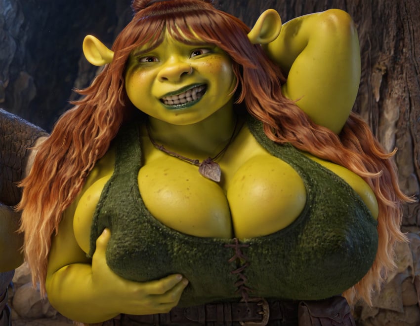 2020 2025 ai_generated big_breasts braided_hair breast_grab breasts dreamworks dreamworks_animation felicia_(shrek) female female_only front_view grabbing_own_breast green_skin groping holding_own_breast huge_breasts lipstick long_hair necklace nose_piercing ogre ogre_female ogre_girl pearlicious8 self_fondle shrek_(series) shrek_5 teeth teeth_clenched universal_pictures universal_studios upper_body