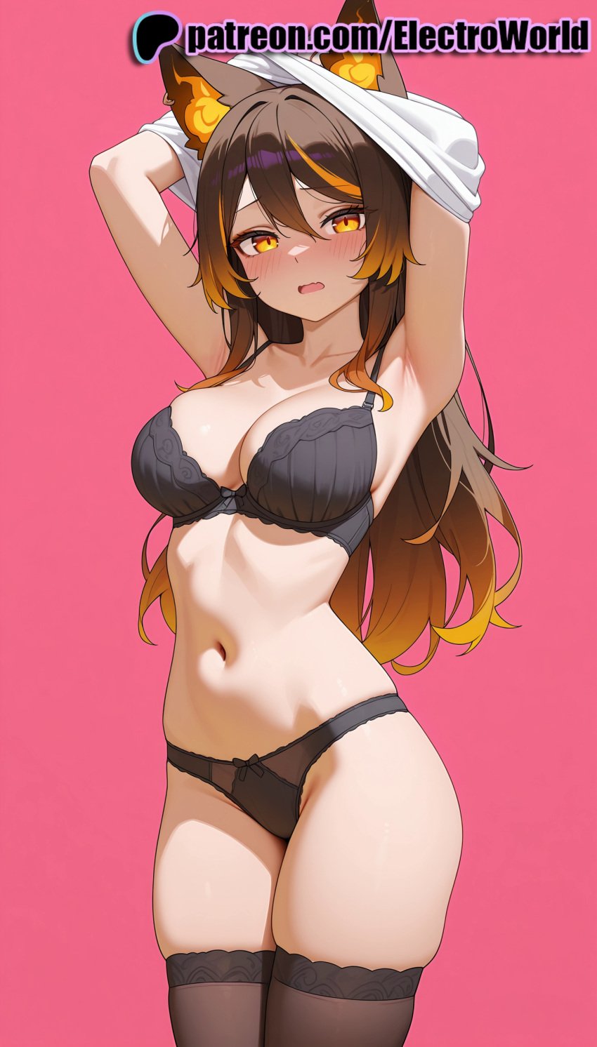 1girls 2025 ai ai_assisted ai_generated animal_ears anime anime_girl anime_style armpits arms_up artist_name black_bra black_legwear black_panties blush bra breast breasts breasts breasts brown_hair bust chest electroworld female gradient gradient_background hair_between_eyes hi_res high_quality high_resolution highres long_hair looking_at_viewer multicolored_hair navel orange_eyes panties patreon patreon_username pink_background sinder_(vtuber) solo stable_diffusion thighhighs thighs underwear undressing virtual_youtuber vtuber watermark