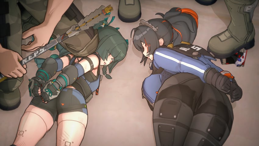 3boys 3d android android_girl bat black_hair buebuebue clothed clothed_female clothed_male defeated defeated_female green_hair handcuffed handcuffs imminent_rape imminent_sex multicolored_hair multiple_boys multiple_females multiple_girls multiple_males orange_eyes orange_hair police policewoman ponytail qingyi_(zenless_zone_zero) robot robot_girl weapon zenless_zone_zero zhu_yuan