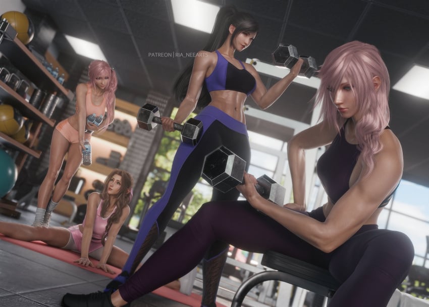 éclair_farron 3d 4girls aerith_gainsborough arm_support ball bare_shoulders bench black_hair black_pants bottle breasts brown_hair dumbbell exercising final_fantasy final_fantasy_vii final_fantasy_xiii gym hair_ribbon highres holding holding_bottle in-franchise_crossover long_hair medium_breasts medium_hair midriff multicolored_pants multiple_girls navel pants patreon_username pink_hair ponytail ria-neearts ribbon serah_farron side_ponytail sitting sleeveless split standing stomach thighs tifa_lockhart tight_clothes tight_pants water_bottle weight_bench weightlifting yoga_pants