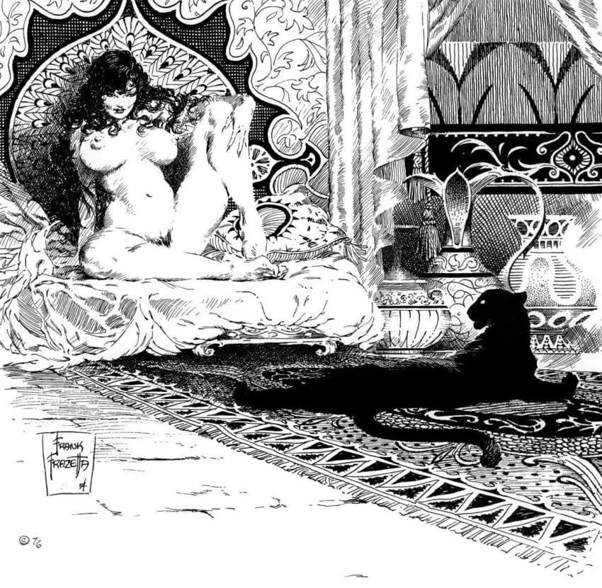 1girls animal areolae barefoot black_and_white black_hair breasts completely_nude completely_nude_female female female_only frank_frazetta full_body naked naked_female nipples nude nude_female panther sitting solo solo_female