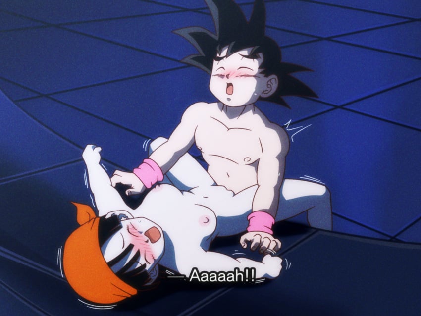 absurdres bandana black_eyes black_gloves black_hair blunt_bangs blush commentary commentary_request crop_top dragon_ball dragon_ball_gt embarrassed english_commentary erection female gloves grandfather_and_granddaughter happy_sex highres imminent_penetration incest non-web_source orange_bandana orange_trim pan_(dragon_ball) pants penis red_shirt sex sex_from_behind shirt son_goku vaginal_penetration wristband yellow_pants