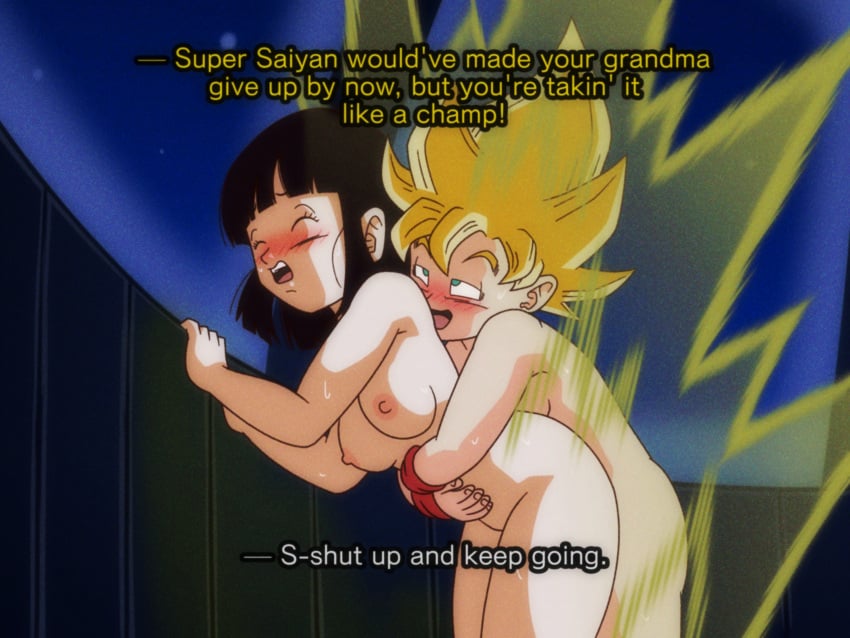 absurdres ass bandana black_eyes black_gloves black_hair blonde_hair blunt_bangs blush breasts commentary commentary_request completely_nude crop_top dragon_ball dragon_ball_gt drawingsgmr embarrassed english_commentary erection female gloves grandfather_and_granddaughter green_eyes happy_sex highres imminent_penetration incest medium_breasts nipples non-web_source nude orange_bandana orange_trim pan_(dragon_ball) pants penis pussy red_shirt sex sex_from_behind shirt son_goku super_saiyan super_saiyan_1 sweat vaginal_penetration wristband yellow_pants