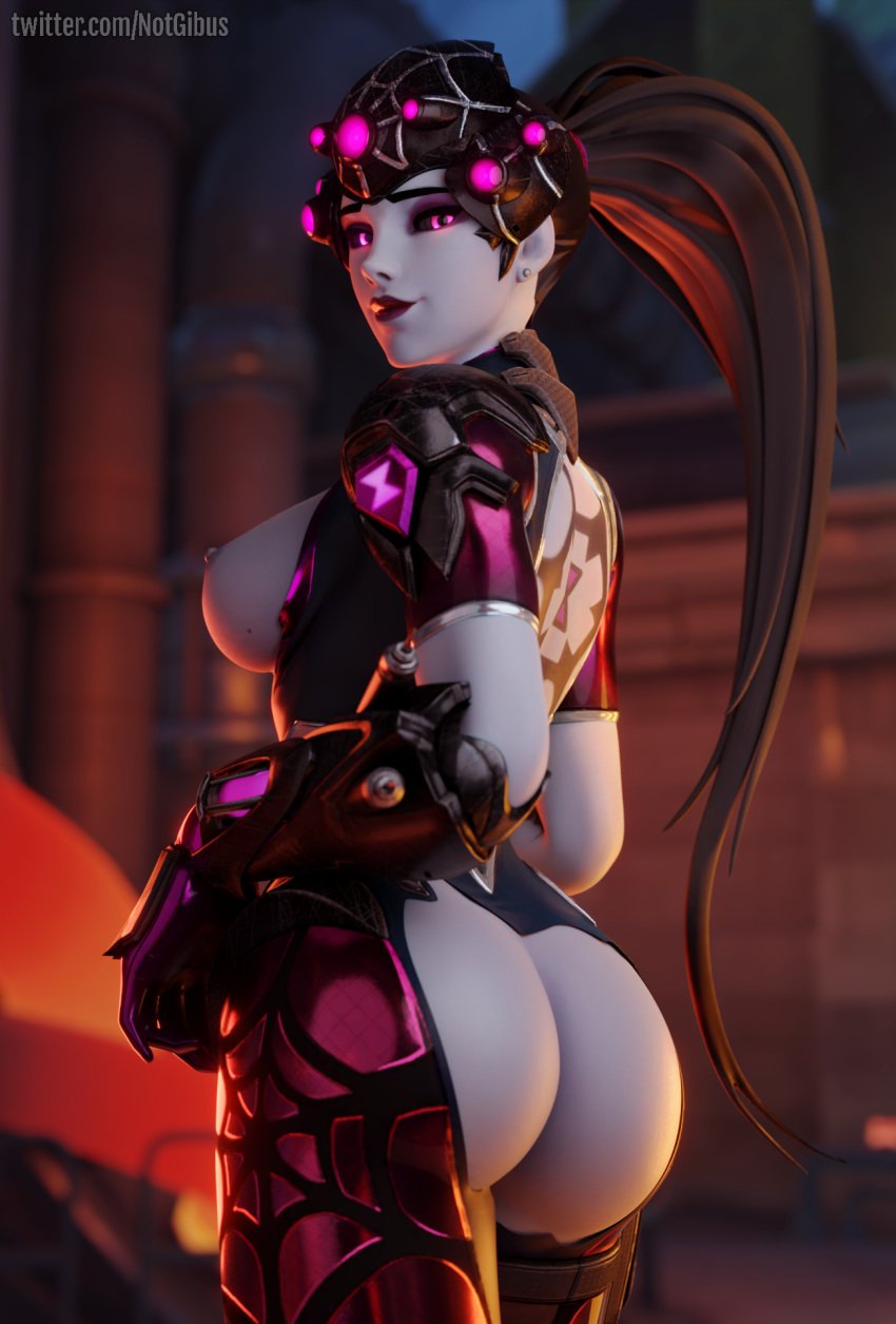 1girls 3d alternate_costume ass big_ass black_sclera blender blizzard_entertainment blue_skin breasts butt dark_blue_hair eyelashes eyeshadow female female_only long_hair looking_at_viewer looking_back night notgibus nude overwatch ponytail purple_eyes purple_eyeshadow purple_lipstick purple_skin slim solo spider_widowmaker tattoo widowmaker