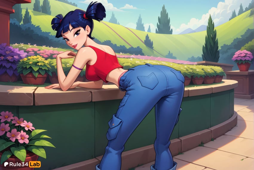 1girls 4kids_entertainment ai_generated artist_name ass bare_shoulders bent_over blue_eyes blue_hair blue_pants blue_sky breasts cloud crop_top day denim feet_out_of_frame flower from_behind hi_res jeans looking_at_viewer looking_back medium_breasts mountain musa musa_(winx_club) nickelodeon outdoors pants plant rainbow_(animation_studio) red_shirt red_tank_top rule34lab shirt short_hair short_twintails sky smile solo tank_top tree twintails winx_club