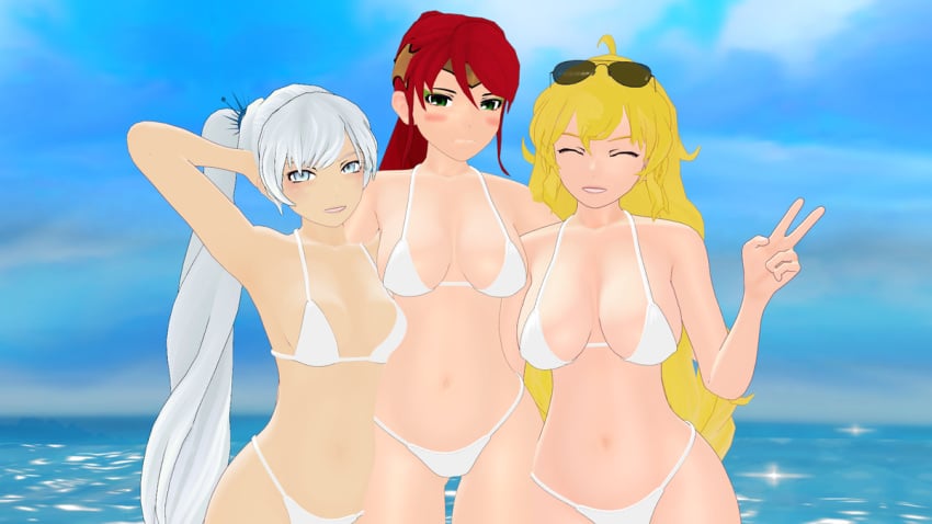 3d 3girls blonde_hair female pyrrha_nikos red_hair rwby swimsuits theblackbirdcalls weiss_schnee white_hair yang_xiao_long