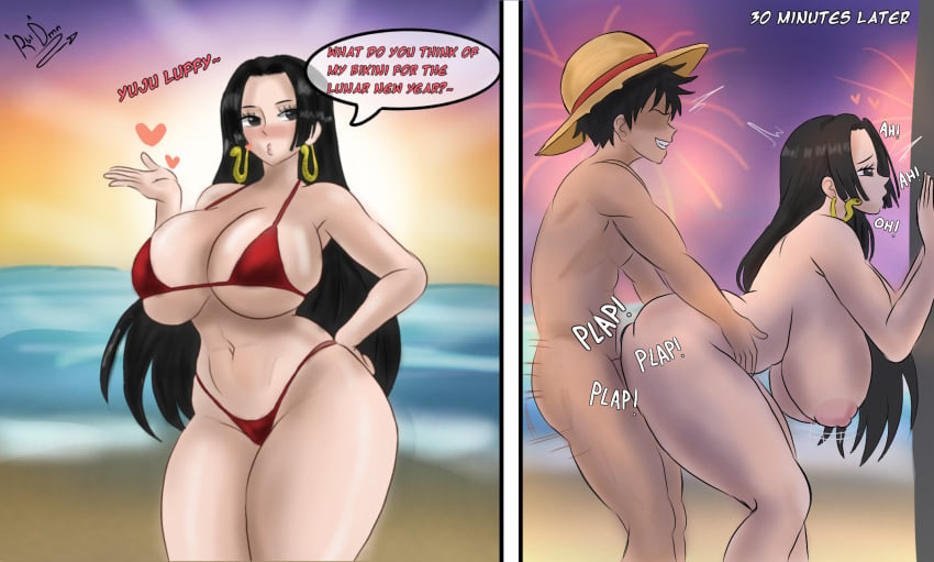 1boy 1girls ahe_gao alternate_ass_size alternate_breast_size ass beach big_ass big_breasts bikini black_eyes black_hair boa_hancock breasts clothing color dialogue doggy_style english_text female fireworks fucked_silly huge_breasts instant_loss instant_loss_2koma kissing large_ass large_breasts long_hair male micro_bikini monkey_d_luffy no_face on_the_wall one_piece penis plap red_bikini red_swimsuit sex sex_from_behind smile straight straw_hat swimsuit text therebeldemon thick_thighs