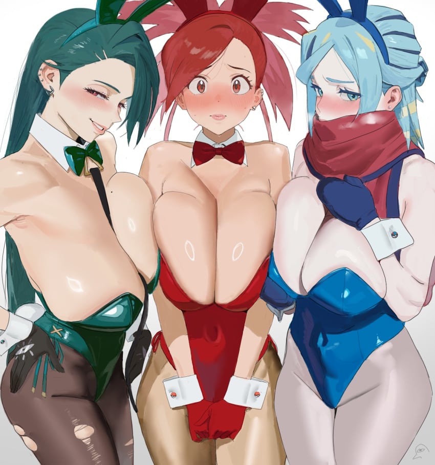 3girls alternate_breast_size artist_logo asymmetrical_docking black_gloves blue_eyes blue_gloves blue_hair blue_leotard blush bow bowtie breast_press breasts brown_pantyhose commentary detached_collar earrings embarrassed flannery_(pokemon) genderswap_(mtf) gloves green_bow green_bowtie green_hair green_leotard grusha_(pokemon) hair_down high_ponytail highres hintobento huge_breasts in-franchise_crossover jewelry leotard logo long_hair looking_at_viewer mole mole_on_breast multiple_girls paid_reward_available pantyhose playboy_bunny pokemon pokemon_oras pokemon_sv ponytail rabbit_tail red_bow red_bowtie red_eyes red_gloves red_hair red_leotard red_scarf rika_(pokemon) rule_63 scarf smile strapless strapless_leotard stud_earrings tail torn_clothes torn_pantyhose white_background white_wrist_cuffs wrist_cuffs