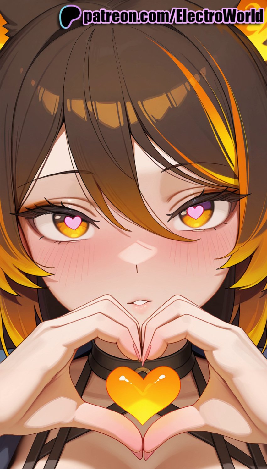 1girls 2025 ai ai_assisted ai_generated anime anime_girl anime_style artist_name blonde_hair blush brown_hair electroworld eyebrows_visible_through_hair female hands_on_own_face heart heart-shaped_pupils heart_hands hi_res high_quality high_resolution highres looking_at_viewer multicolored_hair patreon patreon_username short_hair sinder_(vtuber) solo stable_diffusion symbol-shaped_pupils virtual_youtuber vtuber watermark