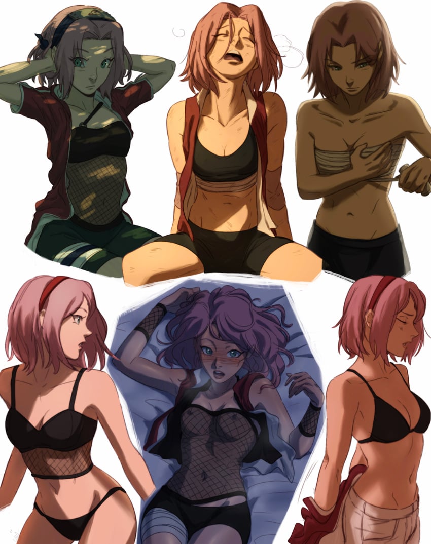 1girls absurd_res artist_signature bed bed_sheet black_bra black_panties blush boruto:_naruto_next_generations bra breasts ceejss character_sheet chest_wraps cleavage closed_eyes color erect_nipples erect_nipples_under_clothes exhausted eyebrows_visible_through_hair eyes_visible_through_hair fishnet_topwear fishnets forehead_jewel full-face_blush green_eyes hair_ornament hairband hand_on_chest headband highres imminent_sex inner_sideboob lighting lipstick looking_at_partner looking_at_viewer lying lying_on_back lying_on_bed naruto panties partially_clothed pink_hair pink_lipstick sakura_haruno shorts sideboob sitting small_breasts spats sports_bra standing underwear_only undressing visible_breath watermark white_background