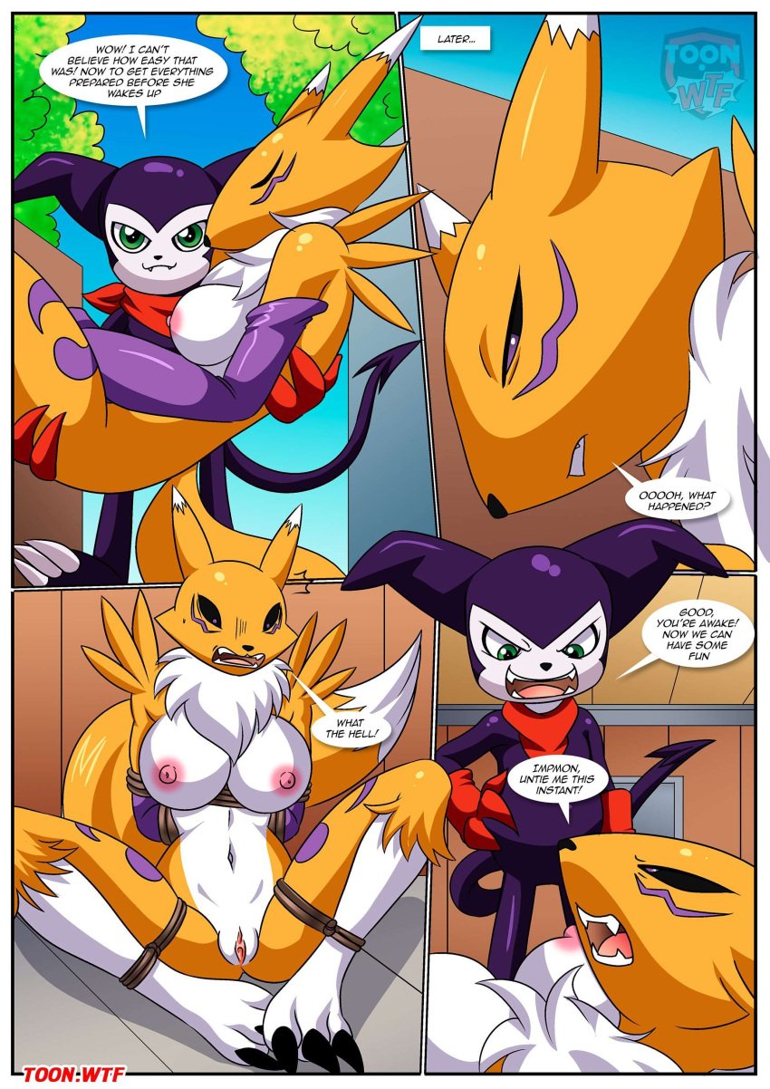 1boy 1girls anthro bbmbbf bondage breasts comic digihentai digimon digimon_(species) female furry impmon impmon's_payback_(comic) male nipples palcomix pussy renamon rope rope_bondage toon.wtf