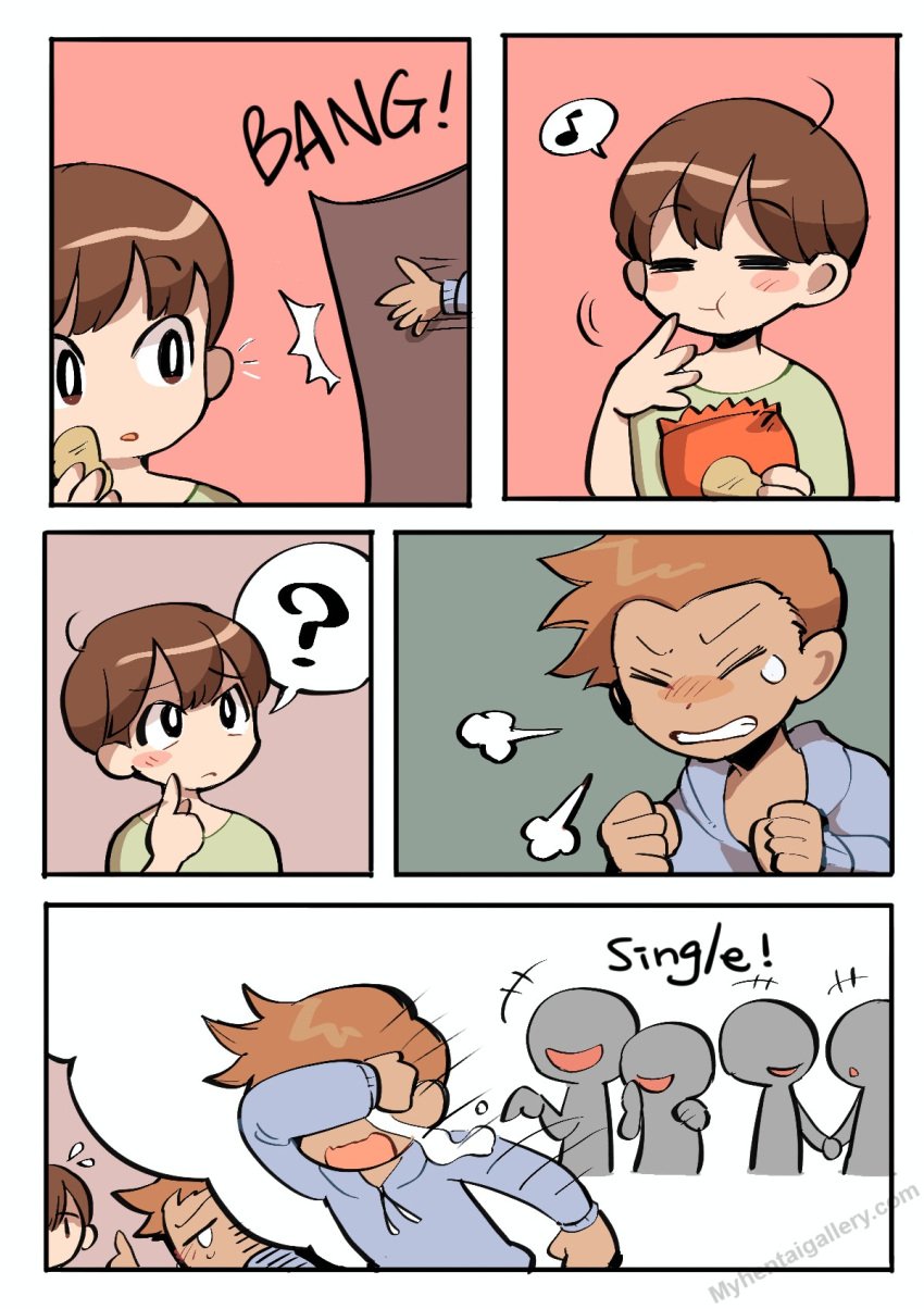 2boys :( :o = ? brown_eyes brown_hair butter_bunny chips chips_(food) comic crying crying_male eating eating_chips eating_food english english_text laugh laughing laughing_at_another light-skinned_male short_hair text