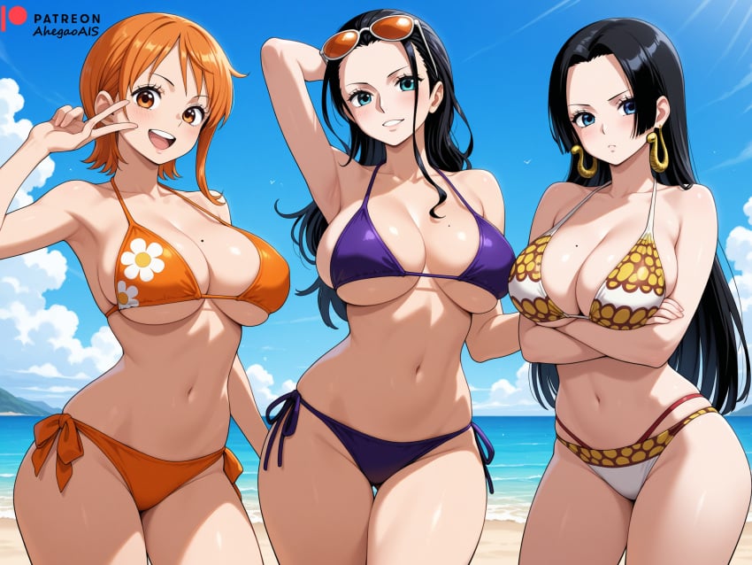 3girls ahegao_ai ai_generated bikini bikini_bottom bikini_top boa_hancock nami nami_(one_piece) nico_robin one_piece