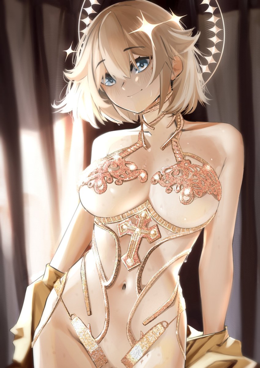 1girls belly_button blonde_hair blue_eyes breasts demure eyebrows_visible_through_hair female female_only halo huge_breasts kaneko_lumi light-skinned_female light_skin phase_connect phase_invaders pupi revealing_clothes skimpy_clothes solo virtual_youtuber