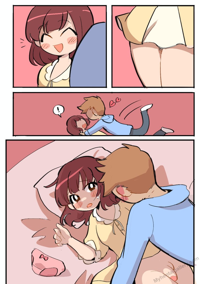 ! 2boys :o bed blue_hoodie blush blushing blushing_male brown_eyes brown_hair butter_bunny comic crossdress crossdressing crossdressing_male dress femboy heart heart-shaped_pupils heart_eyes hearts hearts_around_head light-skinned_male light_skin looking_at_another looking_at_partner no_panties panties partially_nude penis pillow pink_panties red_hair short_hair yellow_dress