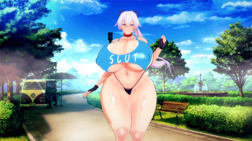 1girls 2025 3d 3d_model big_areola big_ass big_breasts big_nipples big_thighs bikini covered_nipples exhibitionism exhibitionist fate/grand_order fate_(series) female female_only koikatsu light-skinned_female light_skin nipples_visible_through_clothing ponytail pubic_hair public raru_(ntraruru) red_eyes solo solo_focus sweat sweatdrop sweating thick_thighs tomoe_gozen_(fate) venus_body white_hair