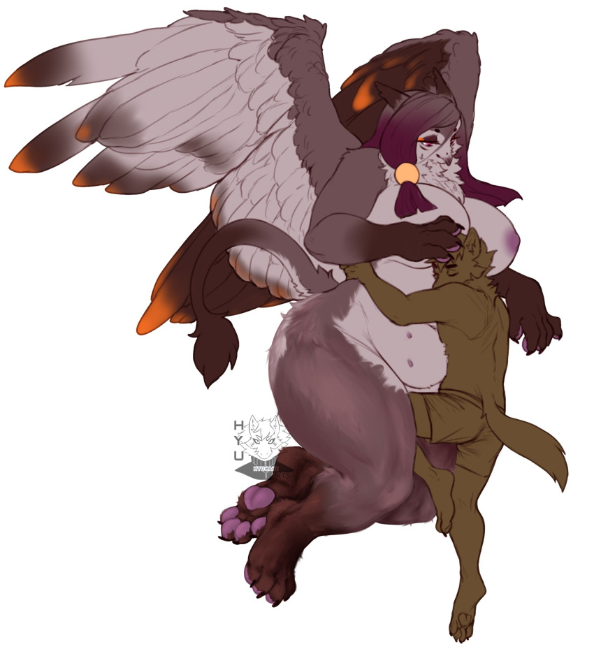 1boy 1girls anthro avian big_breasts breasts duo female gryphon hug hugging hyu_(hyucaze) hyucaze larger_female looking_down male mature_female milf mythological_avian mythology overweight overweight_female pawpads paws simple_background size_difference smile unfinished white_background wings