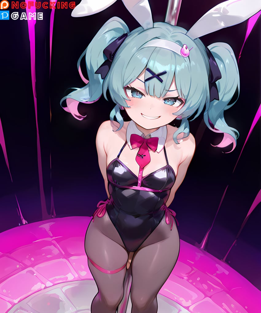 ai-created ai_generated animal_ears aqua_eyes aqua_hair arms_behind_back bangs bare_shoulders black_legwear black_leotard black_pantyhose black_ribbon blue_eyes blue_hair blush bow bowtie breasts brown_legwear bunny_ears bunnysuit cleavage clothing covered_navel detached_collar fake_animal_ears feet_out_of_frame female grin groin hair_ornament hair_ribbon hairband hairclip hatsune_miku headwear high_resolution highleg highleg_leotard legwear leotard long_hair looking_at_viewer multicolored_hair navel neckwear nofuckinggame pantyhose pink_bow pink_bowtie pink_hair pink_neckwear playboy_bunny rabbit_hole_(vocaloid) red_neckwear ribbon skindentation small_breasts smile solo standing strapless strapless_leotard thigh_strap thighs tied_hair twintails vocaloid wrist_cuffs x_hair_ornament