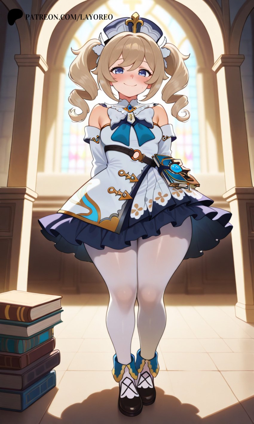 ai_generated barbara_(genshin_impact) blue_eyes female genshin_impact hands_behind_back hat lay-oreo looking_at_viewer small_breasts smile tagme thick_thighs tights twintails walking walking_towards_viewer white_tights