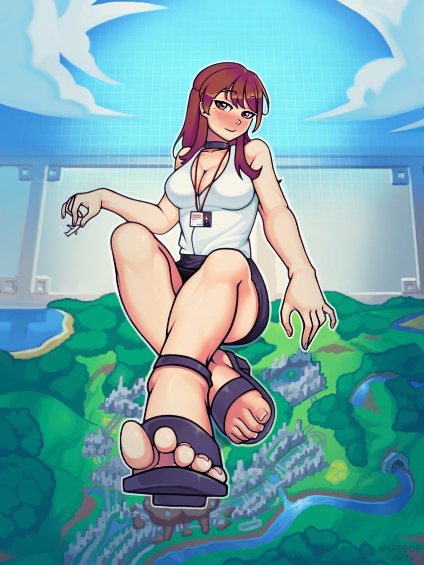 brown_eyes brown_hair city_destruction collar feet foot_fetish giantess heels sandals shoes_on simulation sitting smiling_at_viewer toes toes_spread wardeotart