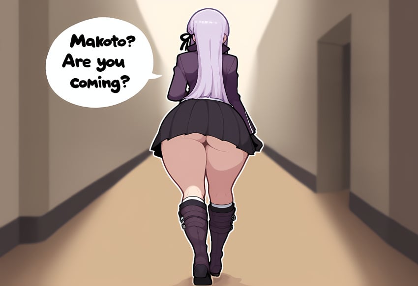 1girls ai_generated big_ass danganronpa danganronpa:_trigger_happy_havoc from_behind kirigiri_kyouko novelai solo_female speech_bubble text thick_thighs wide_hips