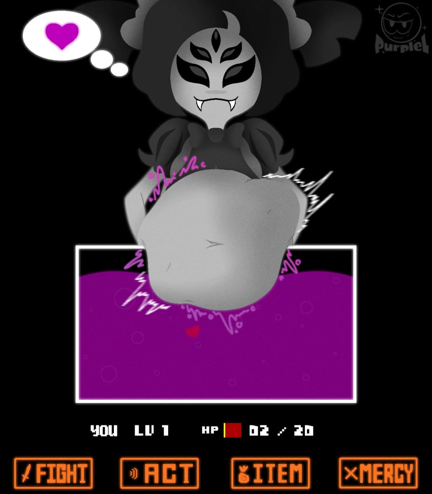 5_eyes [[heart_shaped_object]] belly big_belly digestion digestion_noises game_mechanics muffet purplel soul spider_girl stomach_bulge struggling struggling_prey undertale undertale_(series) vore vore_belly