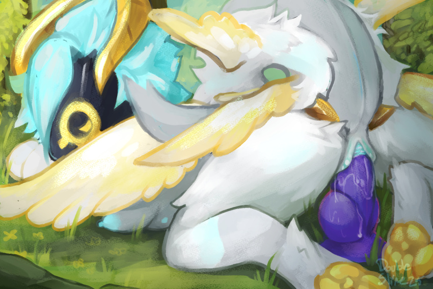 angel animal_genitalia anthro ass bodily_fluids breasts cloaca detailed_background digital_media_(artwork) digitigrade dildo dildo_insertion double_slime feathered_wings feathers floppy_ears fluffy fur futanari genital_fluids genitals grass gynomorph hair horn intersex knot knotted_dildo looking_at_viewer lop_ears multi_wing nipples no_anal nude omen_(double_slime) paws penetration plant raised_tail resting_on_arms sex_toy sex_toy_insertion solo tail teats visor wings