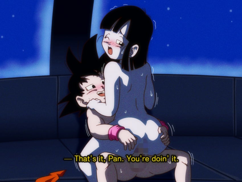 absurdres ass bandana black_eyes black_gloves black_hair blunt_bangs blush breasts commentary commentary_request completely_nude cowgirl_position cowgirl_position crop_top dragon_ball dragon_ball_gt drawingsgmr embarrassed english_commentary erection female gloves grandfather_and_granddaughter happy_sex highres imminent_penetration incest medium_breasts nipples non-web_source nude orange_bandana orange_trim pan_(dragon_ball) pants penis pussy red_shirt sex sex_from_behind shirt son_goku straddling sweat vaginal_penetration wristband yellow_pants