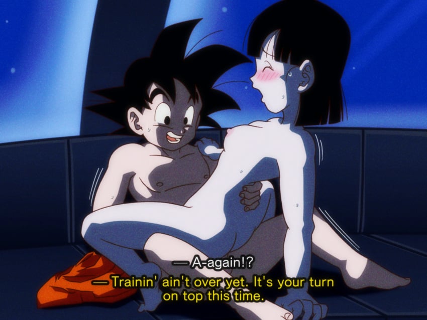 absurdres ass bandana black_eyes black_gloves black_hair blunt_bangs blush breasts commentary commentary_request completely_nude cowgirl_position cowgirl_position crop_top dragon_ball dragon_ball_gt drawingsgmr embarrassed english_commentary erection female gloves grandfather_and_granddaughter happy_sex highres imminent_penetration incest medium_breasts nipples non-web_source nude orange_bandana orange_trim pan_(dragon_ball) pants penis pussy red_shirt sex sex_from_behind shirt son_goku straddling sweat vaginal_penetration wristband yellow_pants