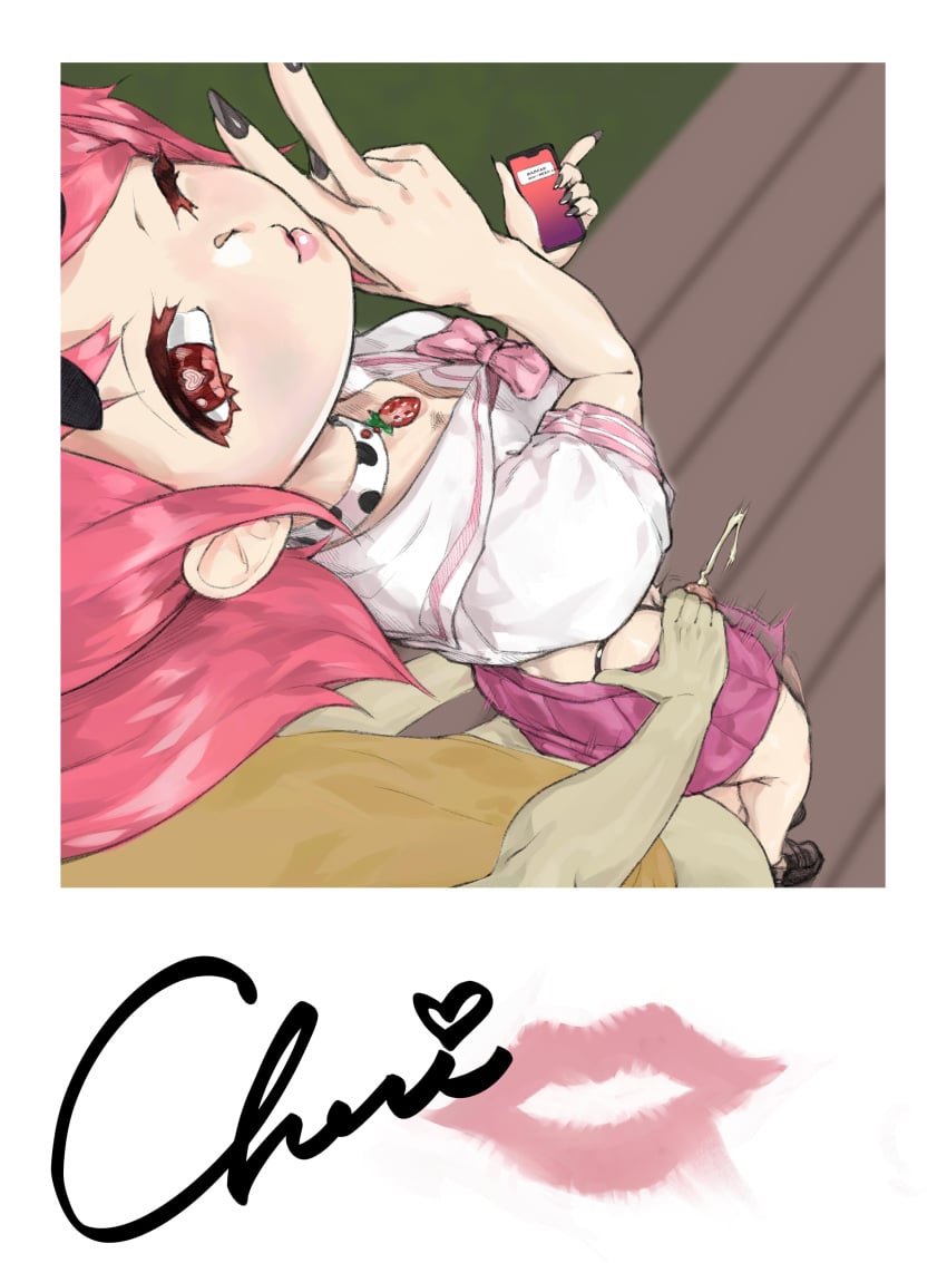 beribug clothed clothed_female clothed_male collar cum cumming hands_on_hips heart-shaped_pupils heart_eyes indie_virtual_youtuber kiss_mark message outdoors outercourse partially_clothed partially_clothed_male peace_sign phone photograph pink_hair sedua_weynn semen signature signed skirt thigh_sex thong thong_panties thong_straps virtual_youtuber vtuber vtuberfanart