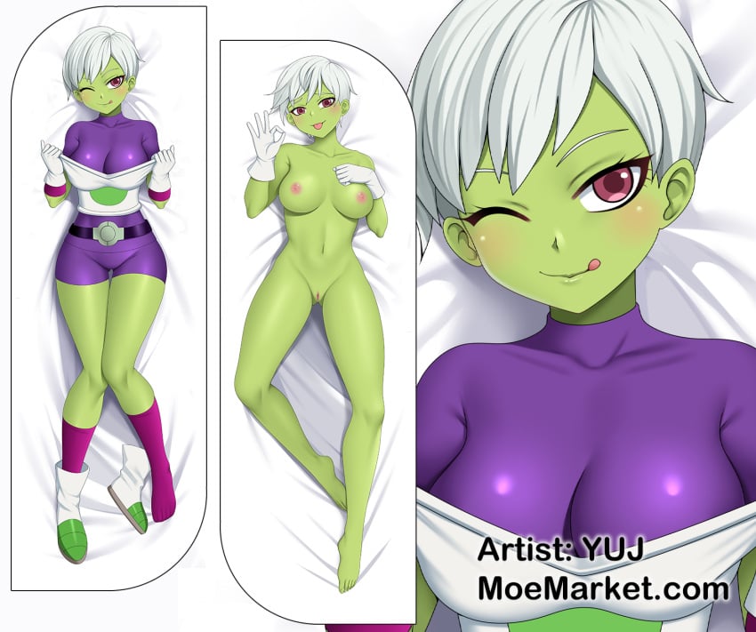 breasts cheelai dakimakura dragon_ball dragon_ball_super green_skin looking_at_viewer purple_eyes pussy white_gloves white_hair