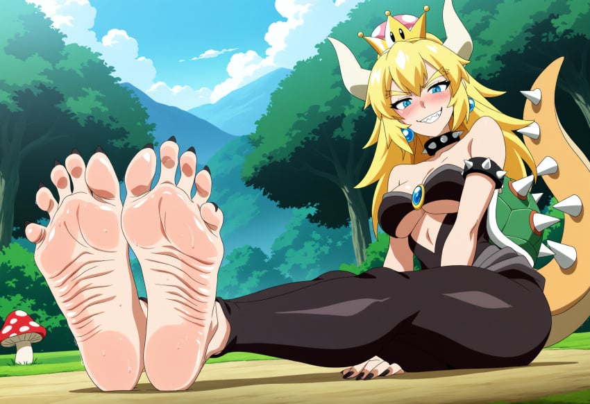 1girls ai_generated background big_breasts black_toenails blue_eyes bowsette breasts crown feet feet_focus foot_fetish foot_focus fuealahomg golden_hair highres horns legs legwear mario_(series) mushroom painted_toenails shy sitting sitting_on_floor sole_female soles soles_female soles_fetish spiked_bracelet spiked_collar spiked_tail spikes super_crown sweat sweatdrop sweating sweaty_feet sweaty_soles tail toe_claws toenail_polish toenails toes wrinkled_soles