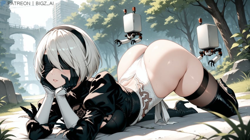 ai_generated artist_name ass belly big_ass big_breasts big_butt bigz_ai breasts closed_mouth doggy_style dress eyepatch female female_only high_heels jack-o_pose lips looking_at_viewer nier nier:_automata outdoors patreon_username robot white_hair yorha_2b