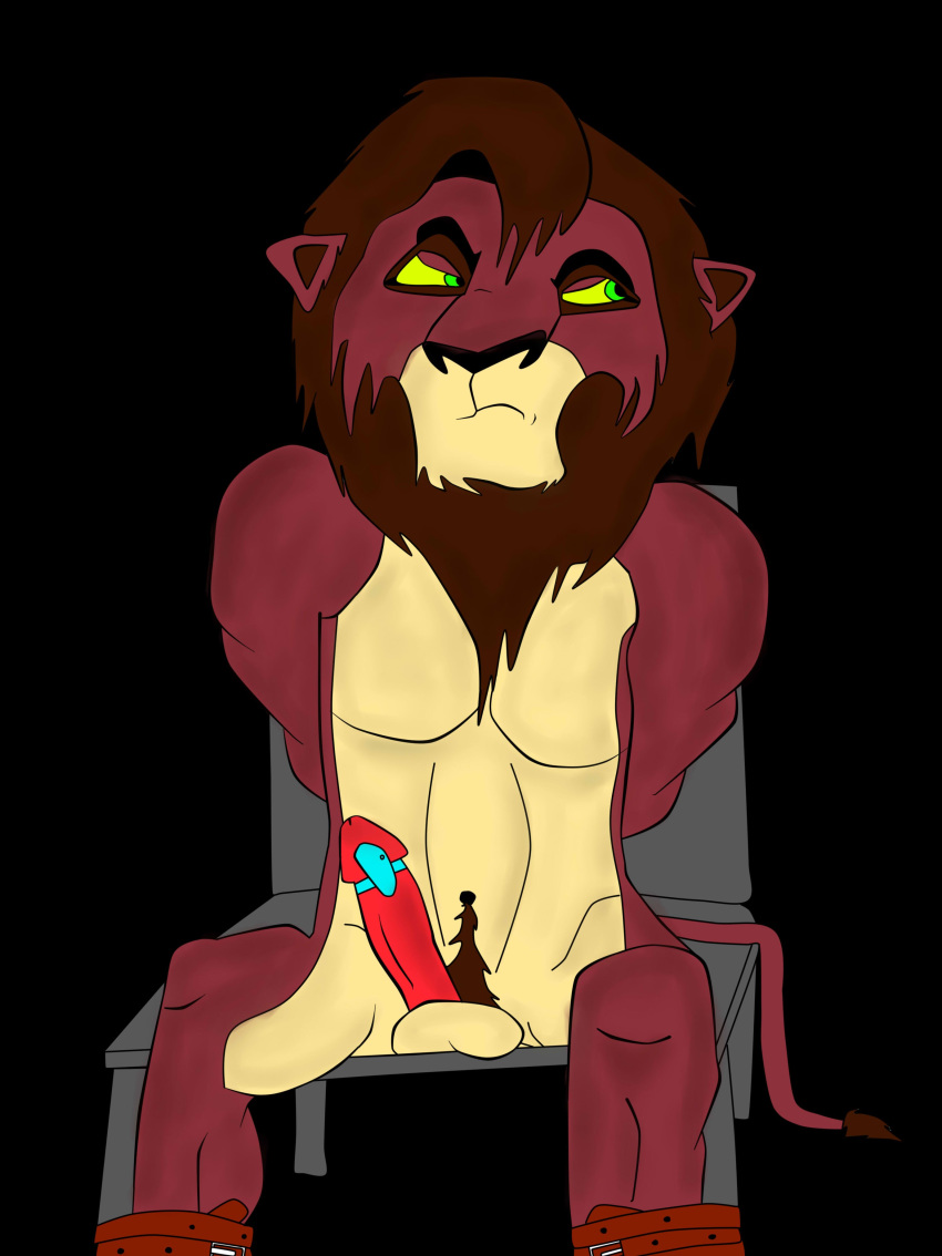 absurd_res anthro black_background bondage bound chair chair_bondage disney egg_vibrator felid furniture hi_res infernus kovu lion male male_only mammal mane pantherine penile resisting_orgasm sex_toy simple_background solo the_lion_king vibrator vibrator_on_penis