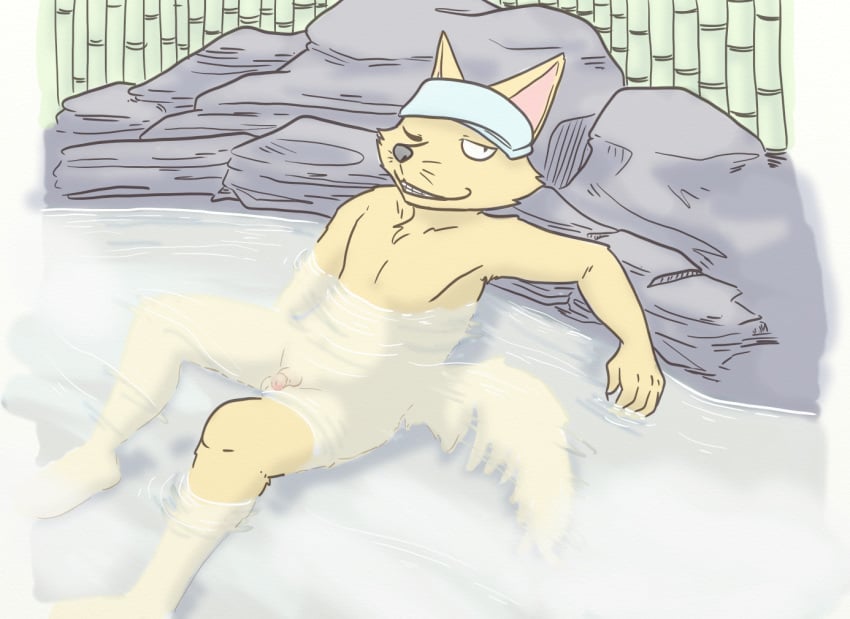 anthro bathing canid canine digital_media_(artwork) fox genitals hot_spring kaiketsu_zorori lavilovi looking_at_viewer male male_only mammal nude onsen partially_submerged penis smile solo water wet whiskers zorori